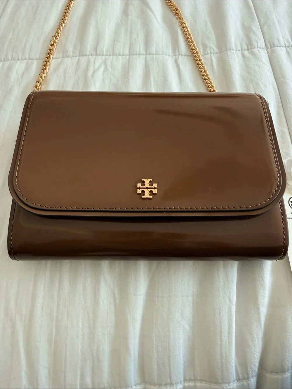 Tory Burch Emerson Smooth Chain Wallet in Rich Walnut